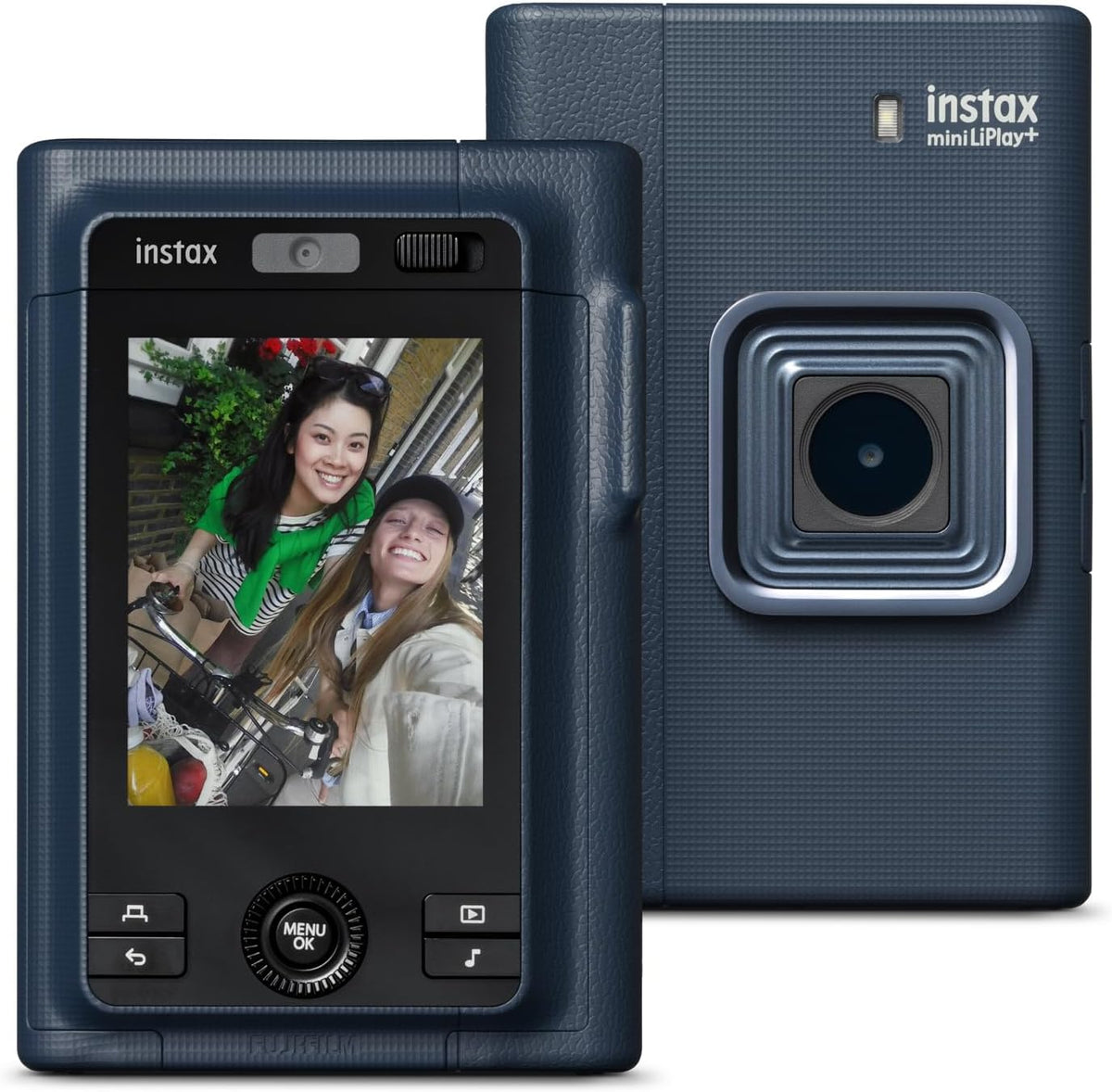 INSTAX Mini LiPlay+ Bleu Nuit Appareil Photo numérique instantané Hybride et imprimante Photo, écran LCD 6 x 4 cm, Fonction d'enregistrement Audio, objectifs Principal et Grand Angle pour Selfies