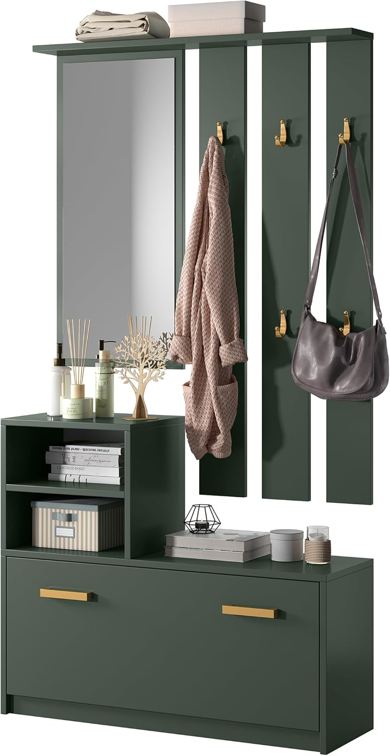 Meuble d'entrée/Vestiaire YESFIR - 85 cm - Vert Bouteille - Meuble à Chaussures - portemanteau - Miroir