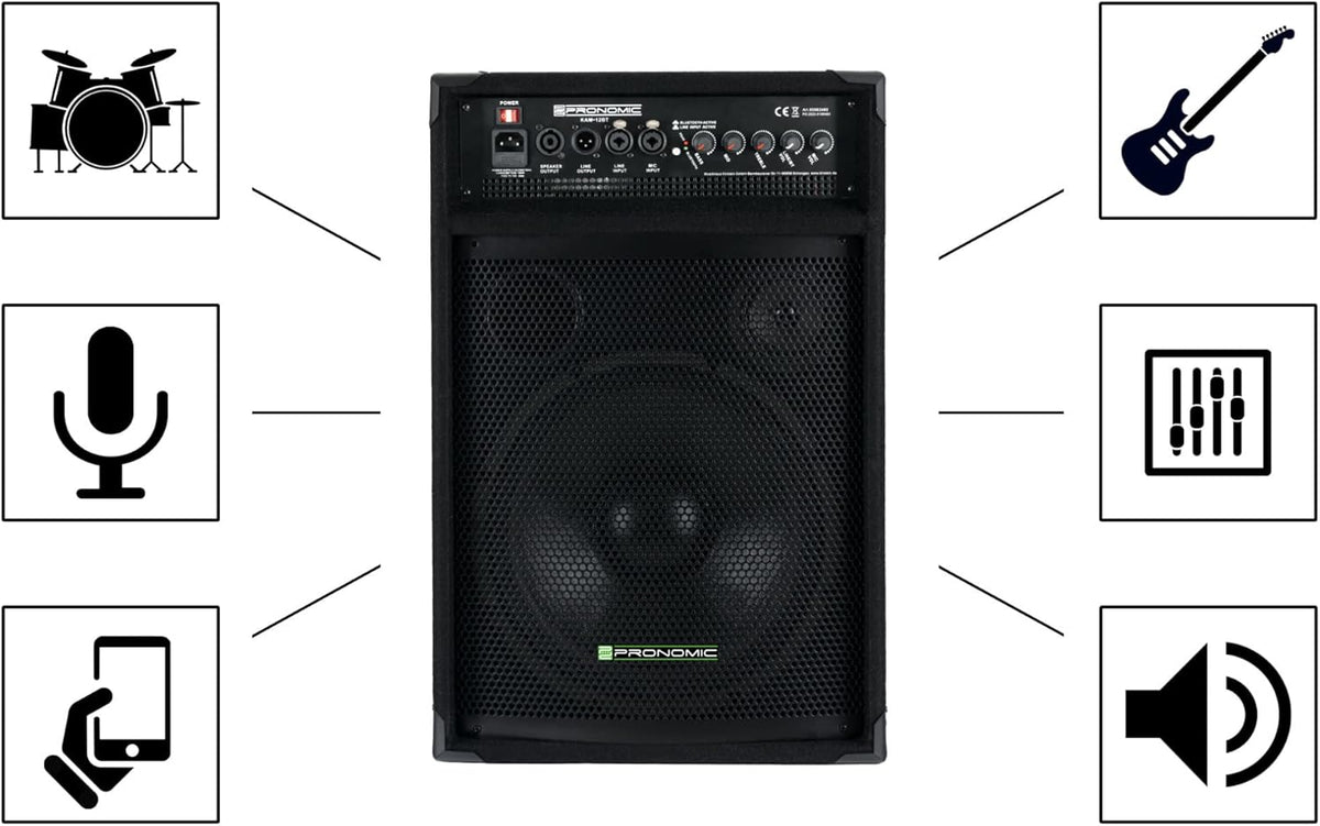 Pronomic KAM-12BT Monitor de Scène Actif - Enceinte PA avec Bluetooth - 120 Watts RMS , Égaliseur 3 Bandes - Woofer 12" - Tweeter 3"