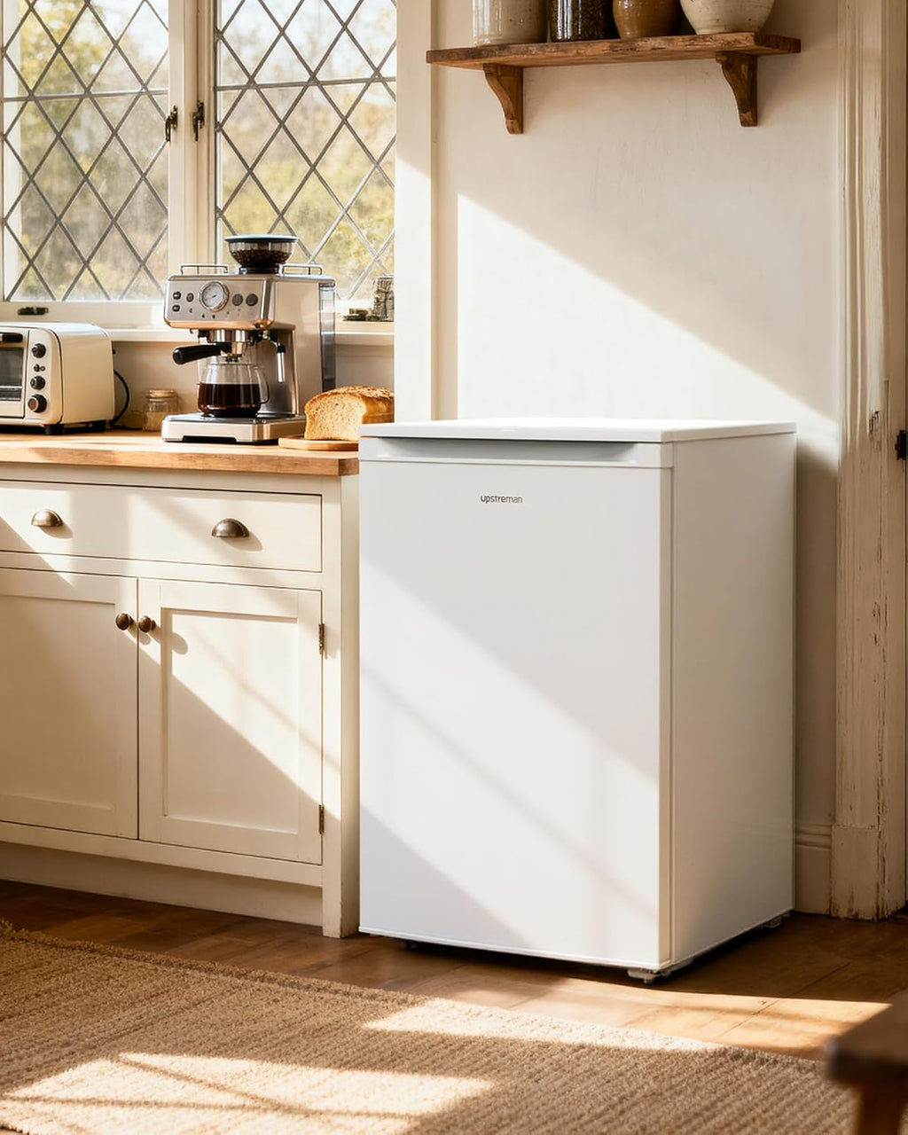 Upstreman 98L Congélateur Armoire,Petit Congélateur a 3 Compartiments, 84,7 x 55,6 cm, -18℃ Congélation 4 Étoiles,Porte Réversible, Congelateur Table Top, Blanc, UF98