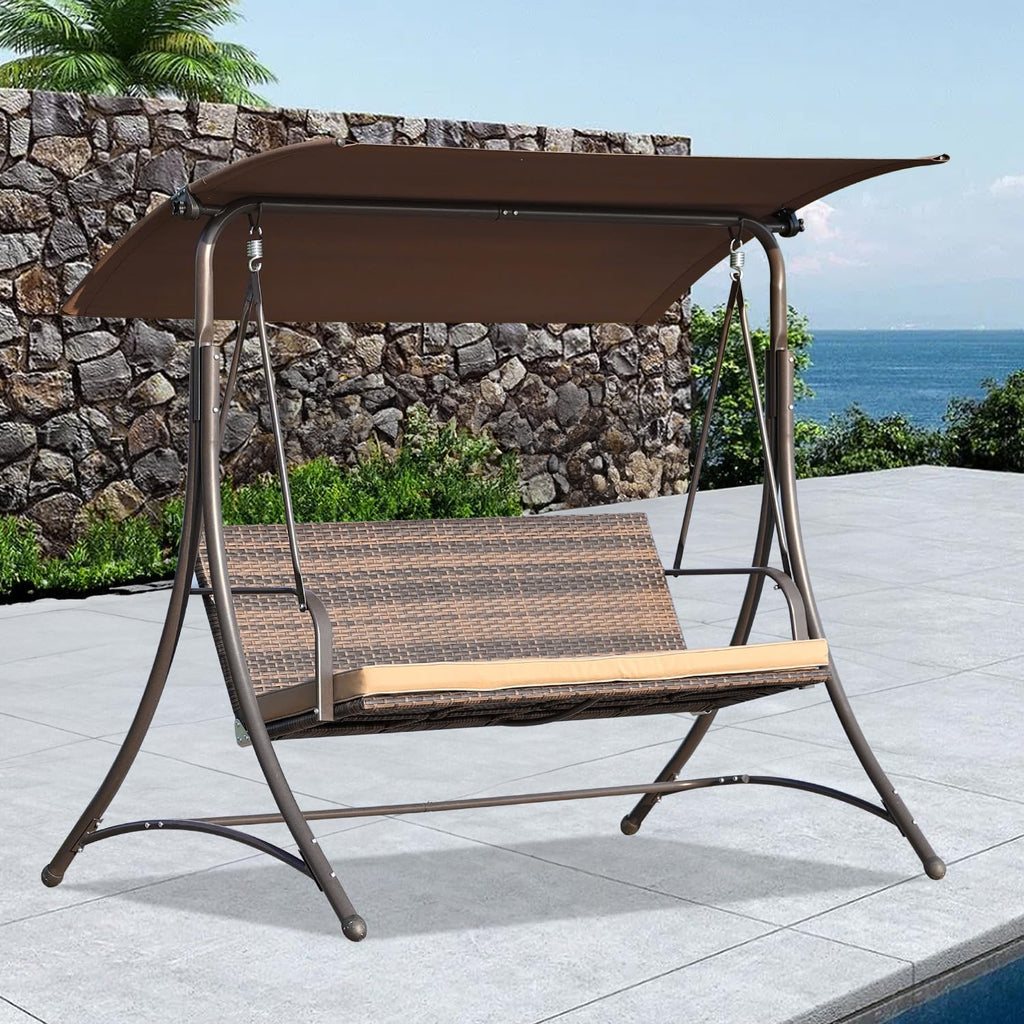 Angel Living Balancelle de Jardin 159T, avec Toit Marron et Chaise en rotin tissé, 170 x 110 x 153 cm 3 Places