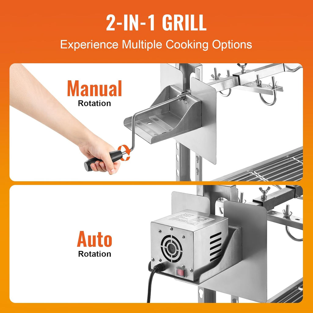 VEVOR Barbecue à Charbon avec Tournebroche Électrique 52 W Charge 90 kg, Rôtissoire Barbecue 118,5 cm, en Inox, avec Pare-Brise et Roues Verrouillables, pour Rôtir Agneau Porcelet Poulet Camping