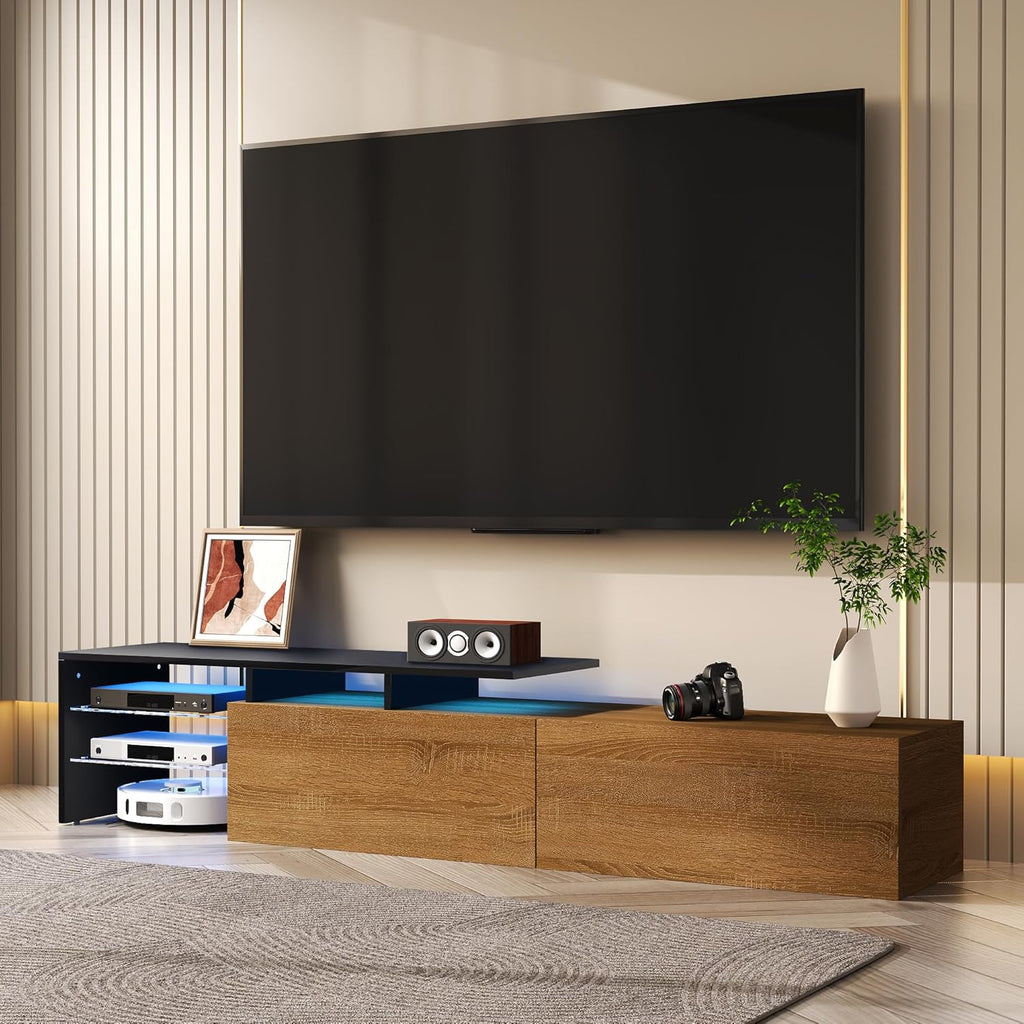 Meuble TV aspect bois naturel 170 cm avec éclairage LED 16 couleurs étagères en verre pour TV jusqu'à 75"