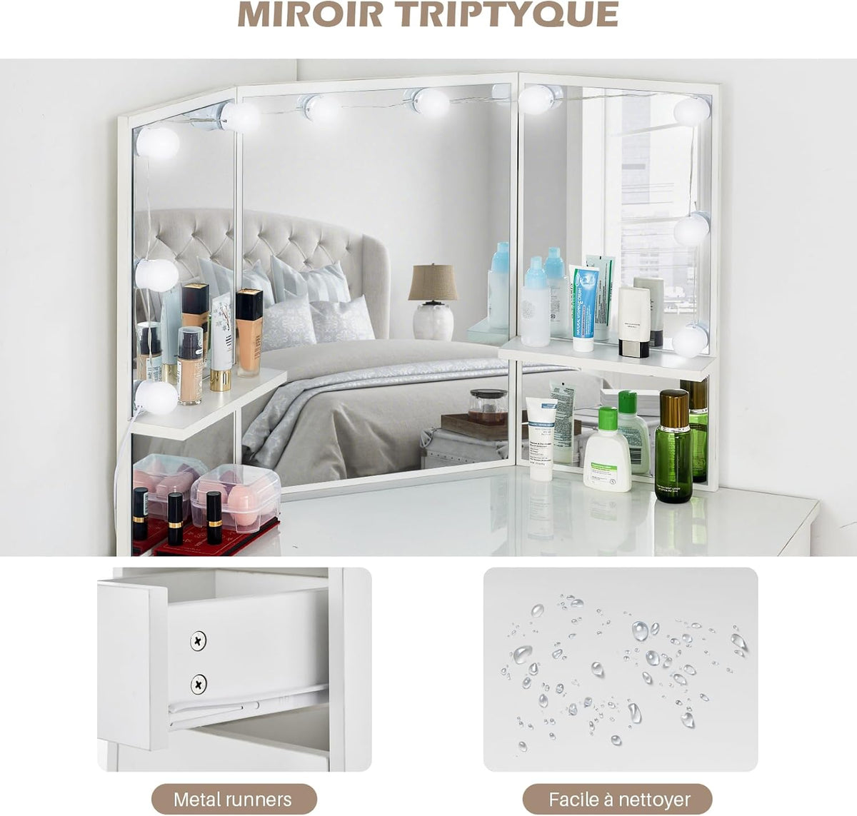 Coiffeuse avec Miroir Triptyque et Tabouret, Coiffeuse d'angle Miroir Tabouret 2 Compartiments 5 Tiroirs, Table de Maquillage Blanc Moderne Femme Cadeau avec LED