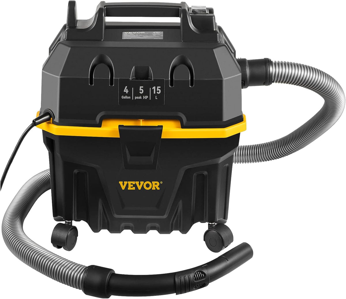 VEVOR Wet & Dry, 4 gallons, 5 Peak aspirateur 3 en 1 avec fonction de soufflage, accessoires portables de nettoyage des sols, tissus d'ameublement, lacunes, voiture, certifié ETL, noir/jaune