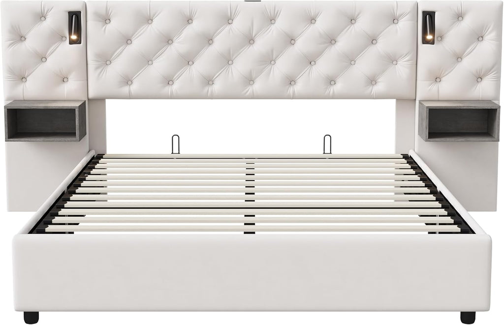 Julyue Lit double avec tables de chevet, 160 x 200 cm, rembourré, lampe de lecture et USB, hydraulique, rangement, cadre en bois, blanc