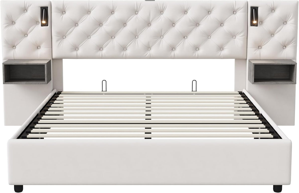 Julyue Lit double avec tables de chevet, 160 x 200 cm, rembourré, lampe de lecture et USB, hydraulique, rangement, cadre en bois, blanc