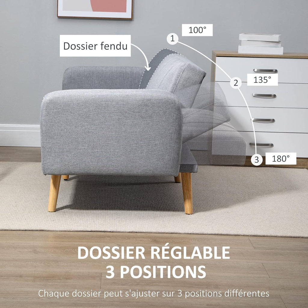 HOMCOM Canapé Convertible 2 Places Design scandinave Dossier inclinable 3 Positions Pieds Bois Tissu Aspect Lin Gris