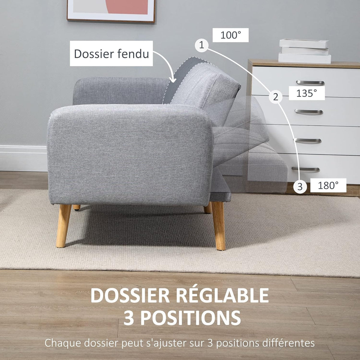 HOMCOM Canapé Convertible 2 Places Design scandinave Dossier inclinable 3 Positions Pieds Bois Tissu Aspect Lin Gris