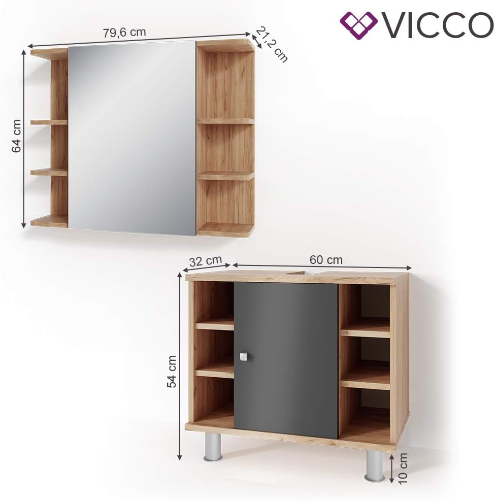 Vicco Ensemble de Meubles de Salle de Bain Fynn, Chêne/Anthracite, 2 Parties