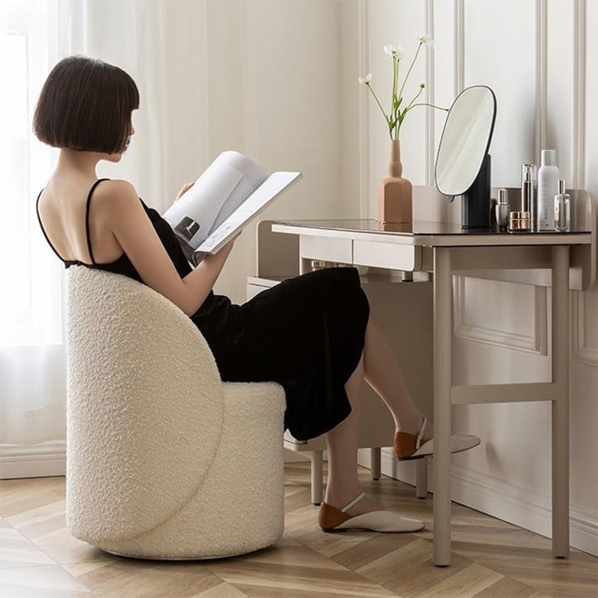 DELURA Chaise de Maquillage avec Dossier - Tabouret de Coiffeuse pour Chambre/Salle de Maquillage/Salon (Laine d'Agneau Blanche)