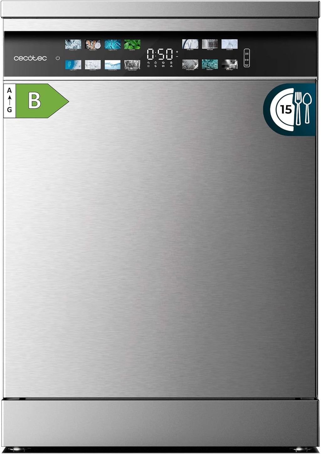 Cecotec Lave-vaisselle 60cm Bolero Aguazero 6700 Inox B Lave-vaisselle inox, 15 couverts, Classe B, Moteur Inverter Plus, O2 Dry, Lavage Double Zone, Plateau Ajustable, Stockage Long et Turbo Dry+.