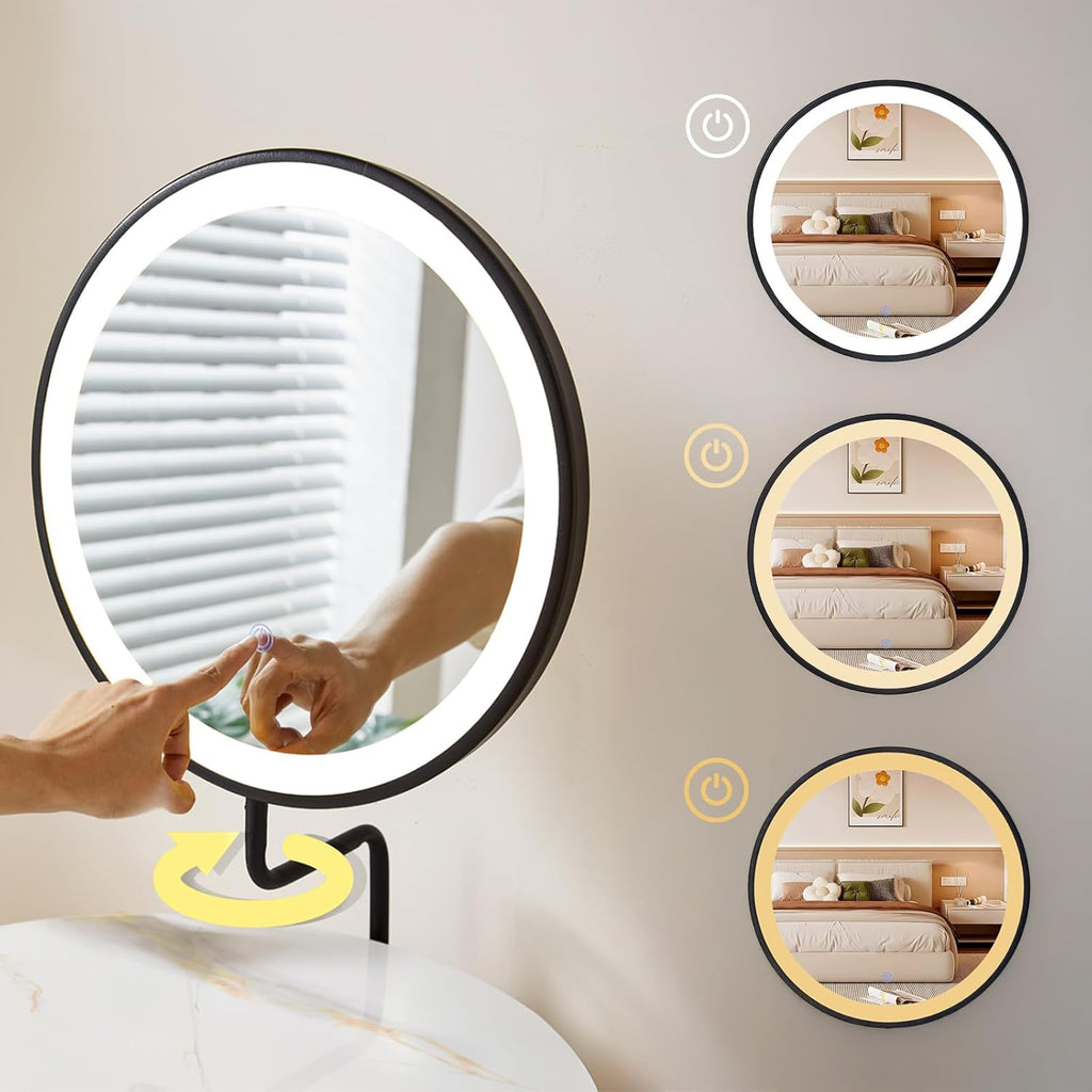 Coiffeuse avec Miroir LED, Pierre Sinterisée et Simili Cuir, Coiffeuse avec Tiroirs et Tabouret, pour Chambre, Design Moderne, Blanc