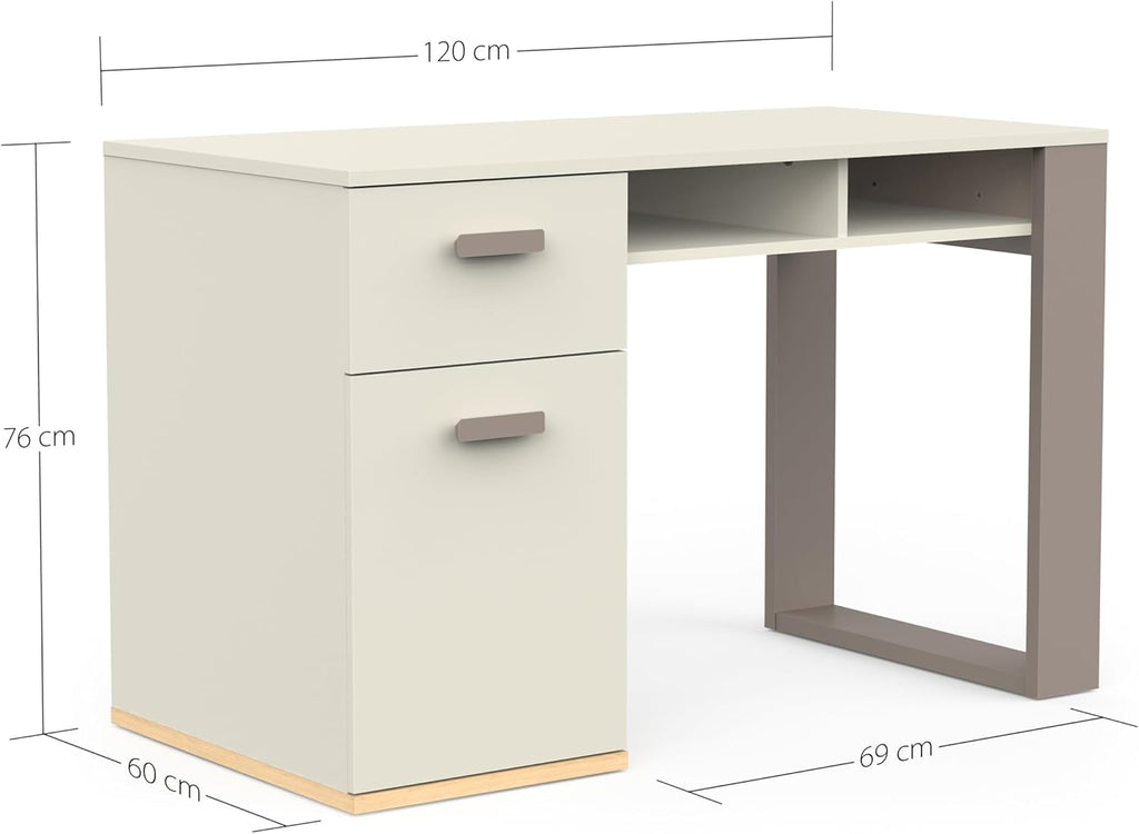 Demeyere Bureau Blanc et Gris avec Tiroir Silencieux, Deux Niches et 2 Crochets Latéraux – Bureau Enfant ou Adulte Fonctionnel 120x77x60 cm