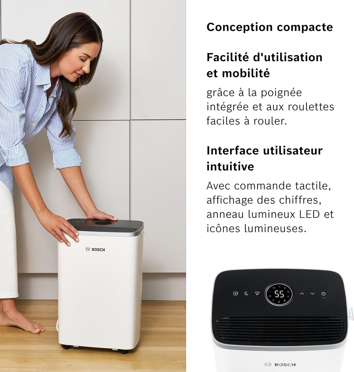 Bosch Dry 4000 - Déshumidificateur - Facile. Efficace. Silencieux. Pour la maison et la chambre - Pour jusqu'à 33m² - Séchage rapide du linge
