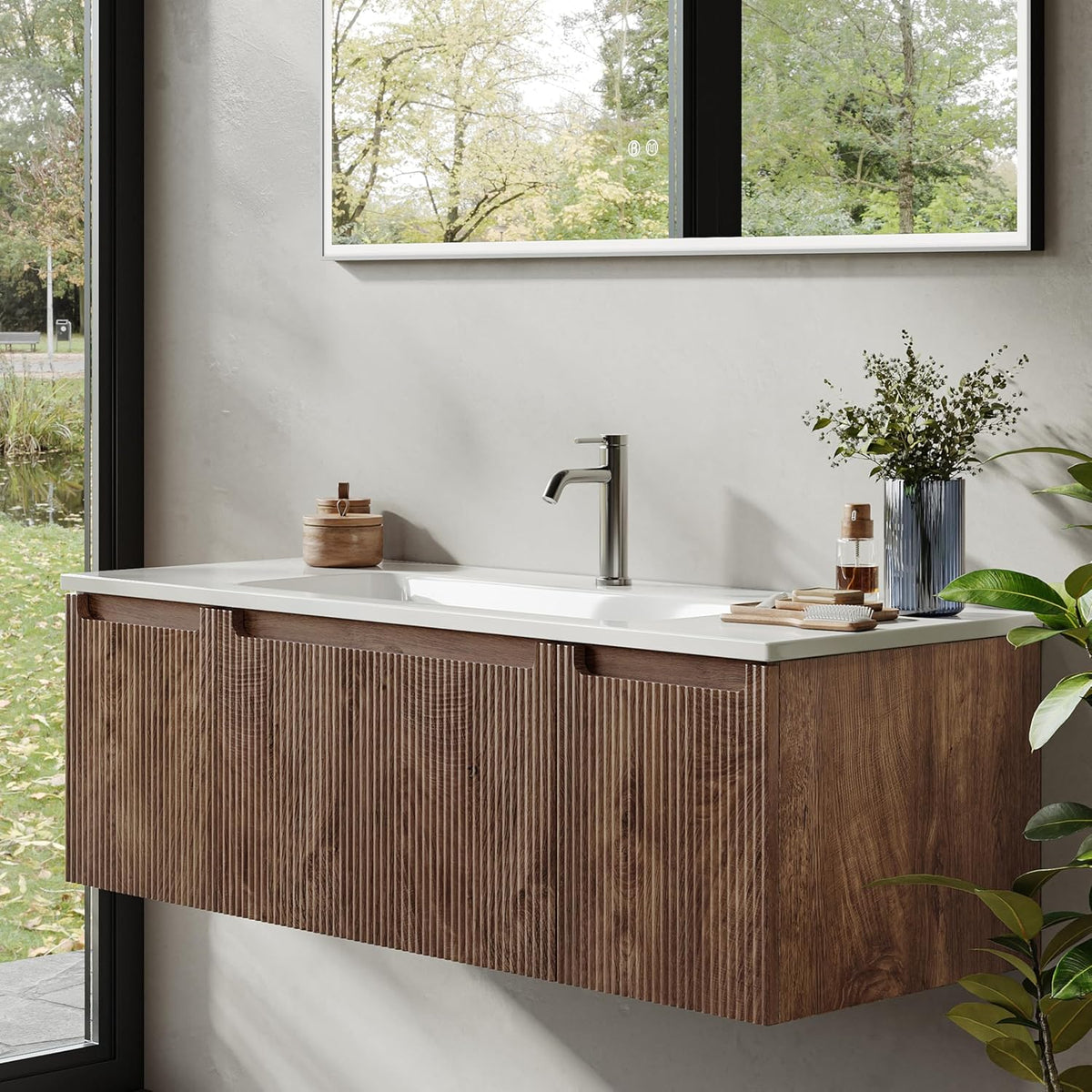 BRIDGE BENO Meuble-Lavabo Mural De 120 cm avec Lavabo en Résine Minérale, Tiroir Et Porte, Ultra-Mince, Fermeture en Douceur, Accent Nervuré, Adapté Aux Grandes Salles De Bains, Forest Walnut