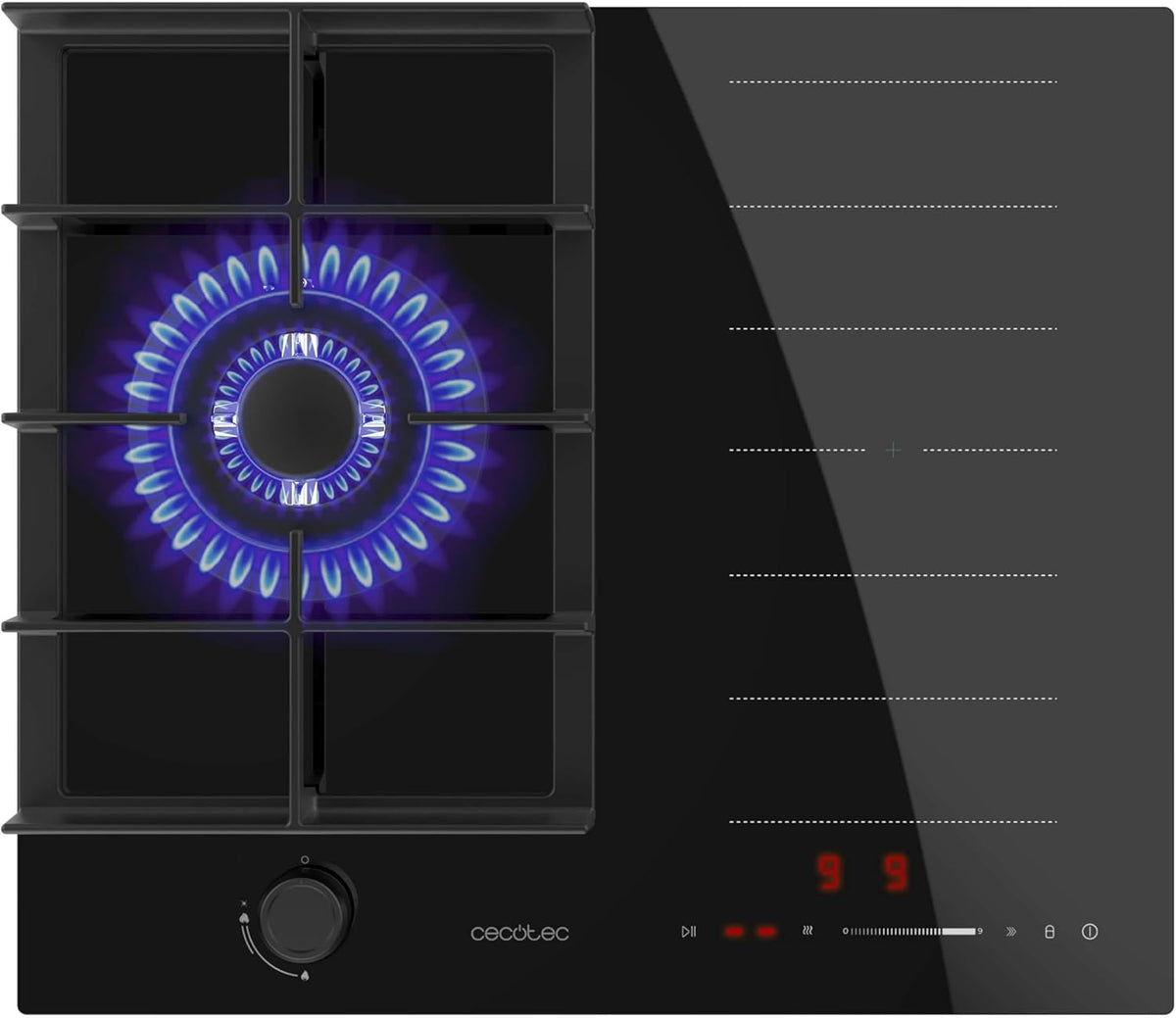 Cecotec Plaque de Cuisson à Induction et à Gaz Bolero Squad Gi 3500 Hybrid Fullflex, 3,4 Kw, 9 Vitesses, Fonctions Booster,Maintien au Chaud et Stop&Go, Zone Fullflex, Système de Sécurité des Valves