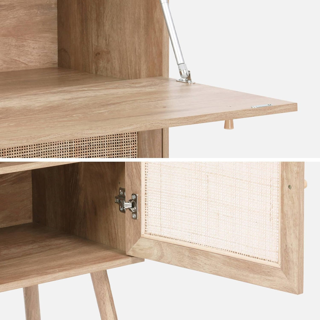 sweeek - Bureau secrétaire. 2 Portes en cannage. étagères. décor Bois. Pieds en Bois de Sapin