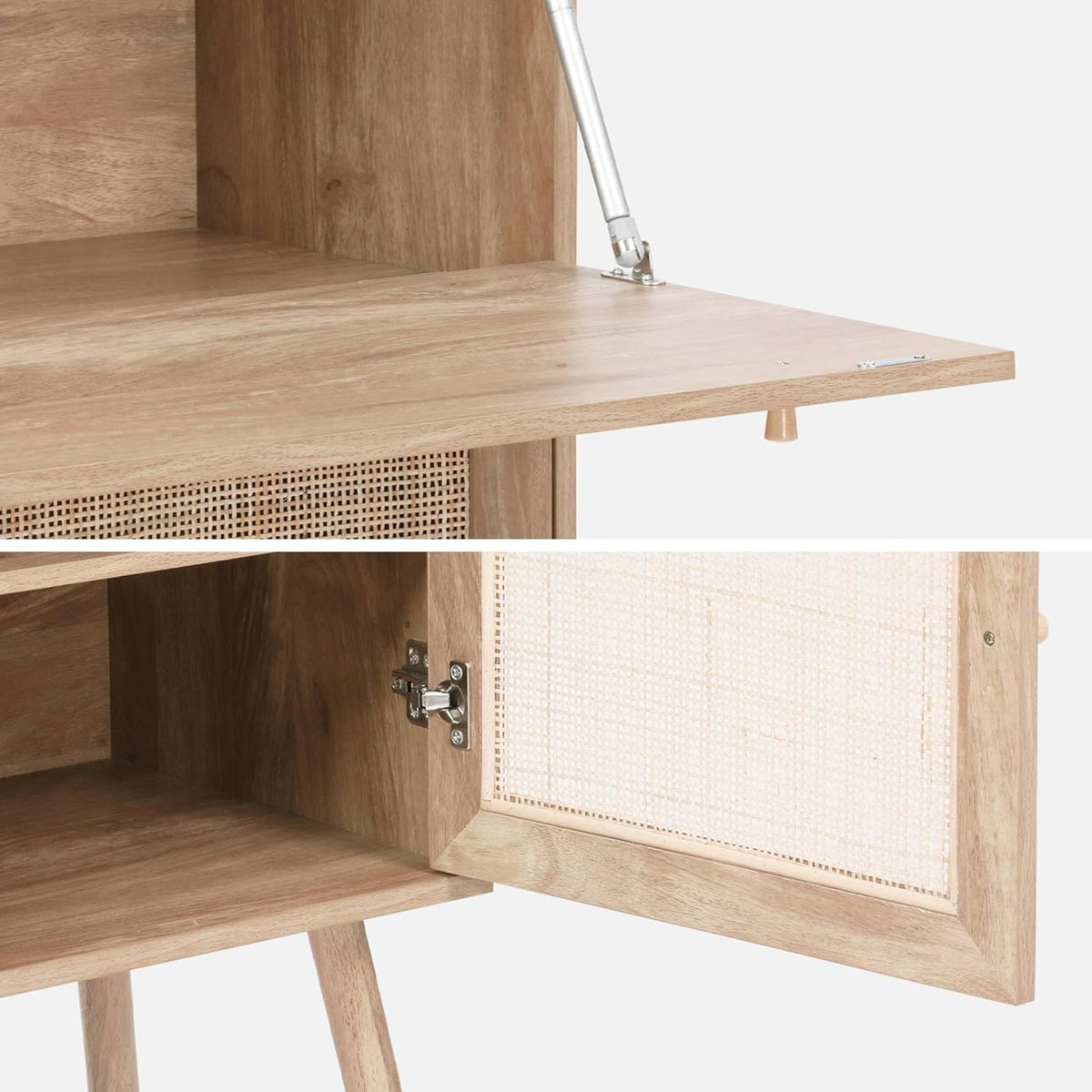 sweeek - Bureau secrétaire. 2 Portes en cannage. étagères. décor Bois. Pieds en Bois de Sapin