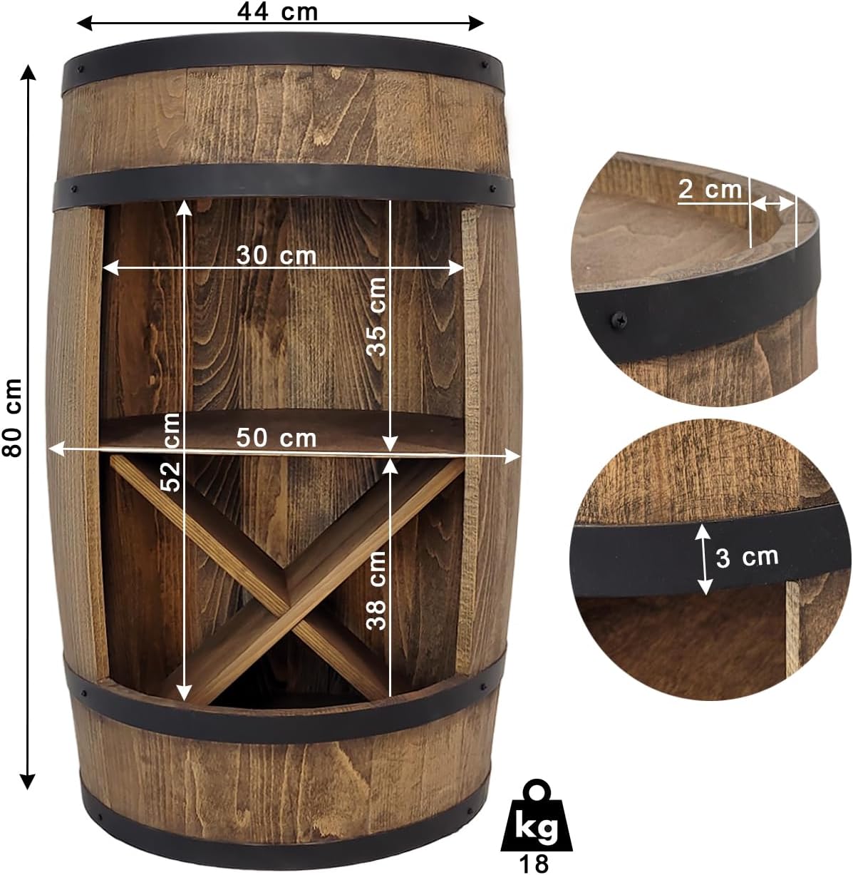 weeco Bar en tonneau en Bois avec casier à vin en X - Meuble Bar Rustique pour Bouteilles - Fût-Bar décoratif - Armoire à liqueurs - 80x50x44cm Marron foncé