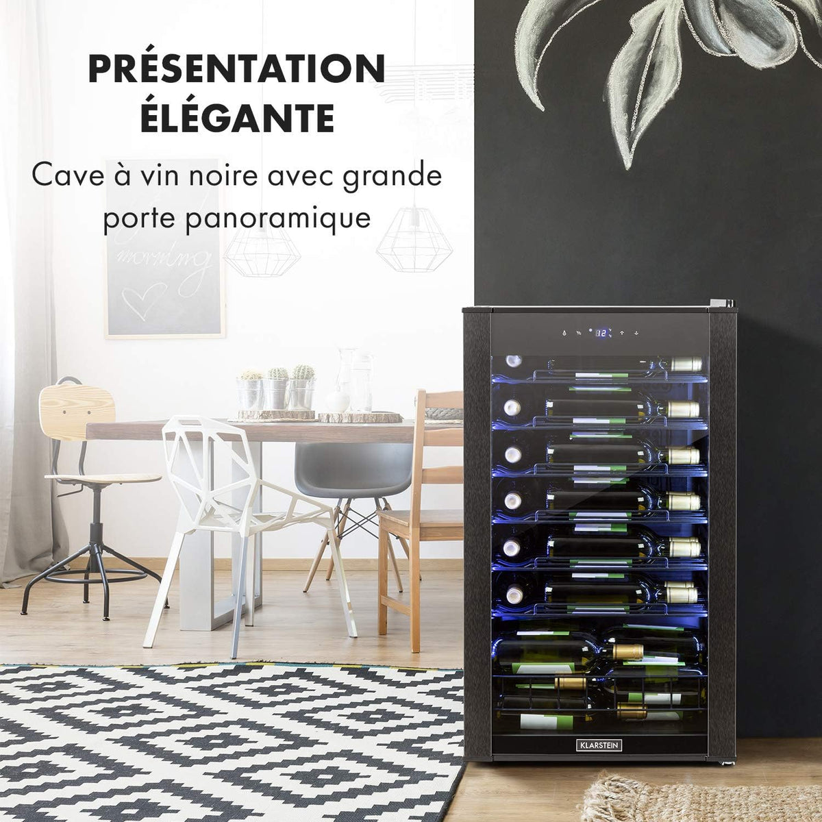 Klarstein Vinomatica - Cave à vin, Compacte, Capacité de 95L, 36 bouteilles, Porte panoramique, Cadre en acier inoxydable noir, Eclairage intérieur, 6 tablettes amovibles, Réglable de 4 à 18°C, Noir
