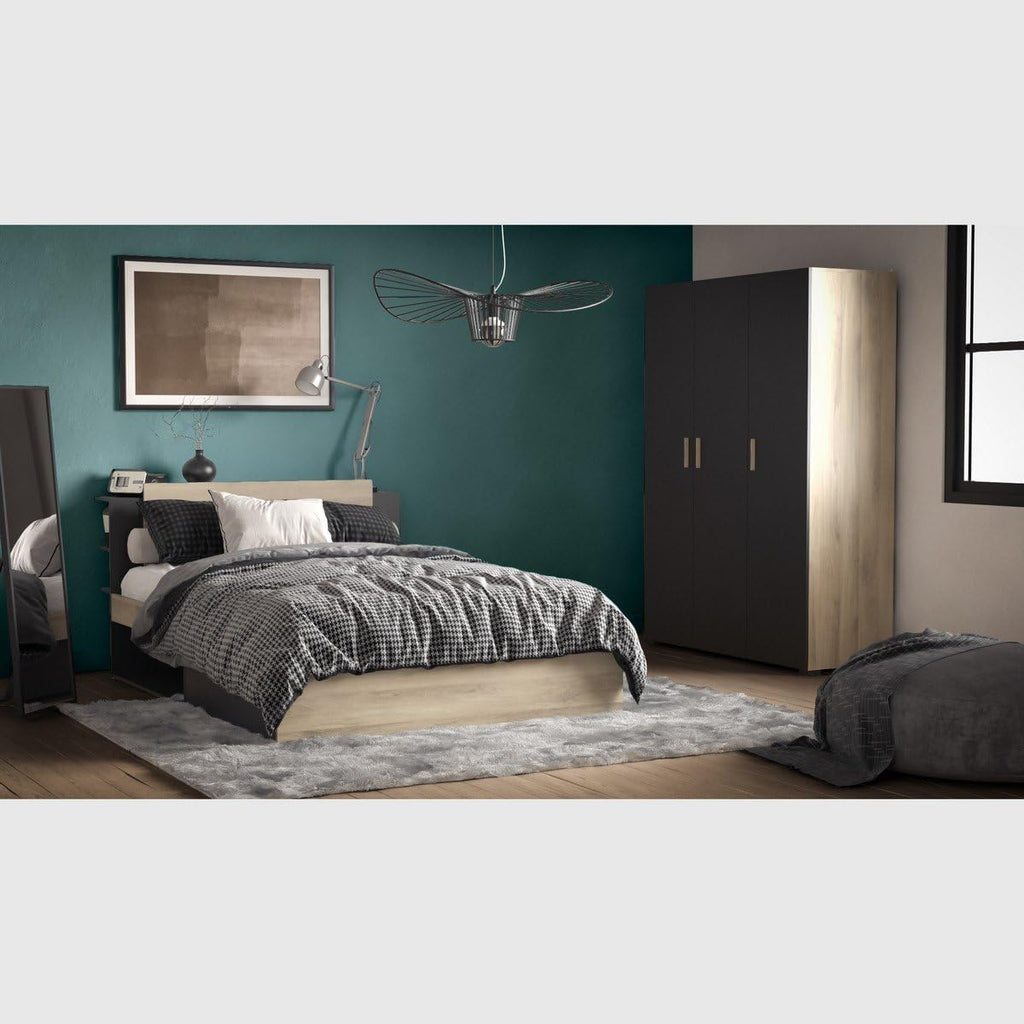 Lit 140 x 190/200 avec Rangement Industriel 2 Tiroirs 2 Niches - Coloris Noir Mat et Chêne Clair - 144,7 x 227 x 87,7 cm