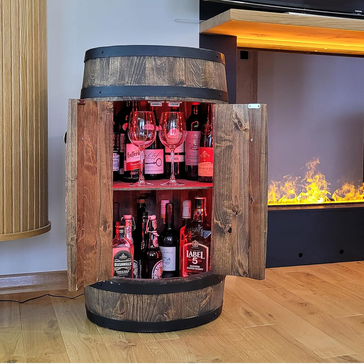 weeco Tonneau en Bois avec LED RGB et Deux Étagères – Mini Bar avec Portes – Couleur Wenge, Brun Foncé – Dimensions 80x50cm