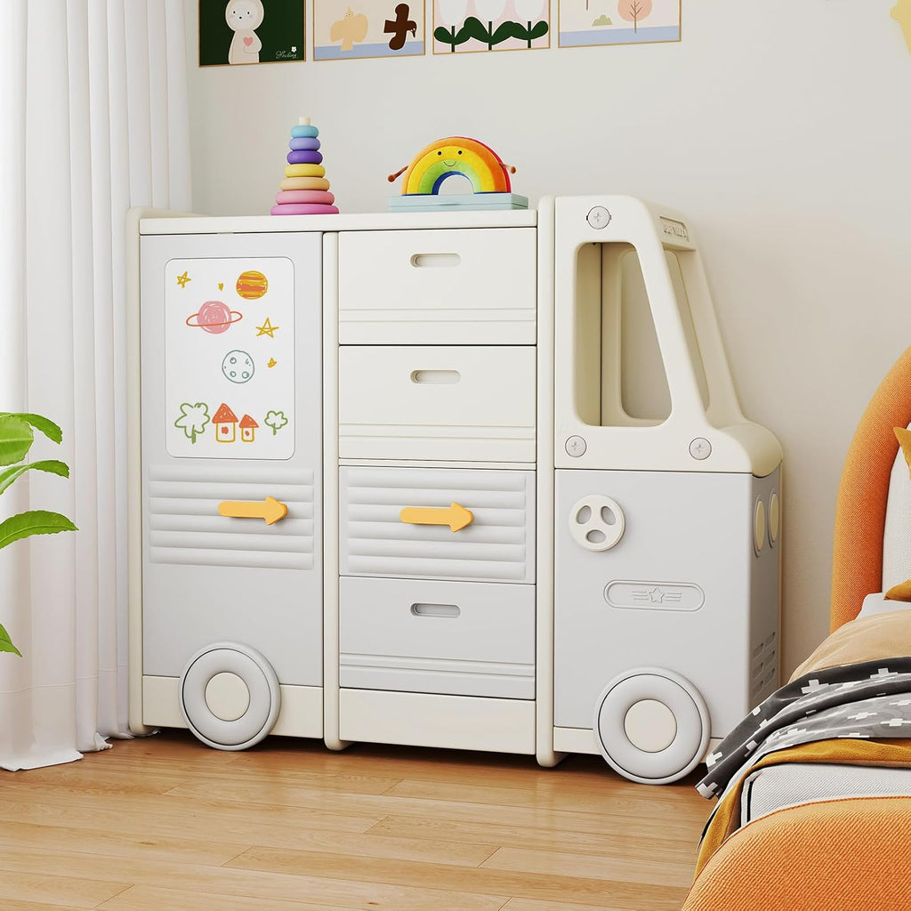 COSTWAY Meuble de Rangement Jouet Enfant en Forme Bus avec 4 Tiroirs & 3 Placards, Étagère de Rangement Jouet en HDPE avec Tableau Blanc, Bibliothèque Enfant de 3 Ans+ pour Salle de Jeux Chambre Salon