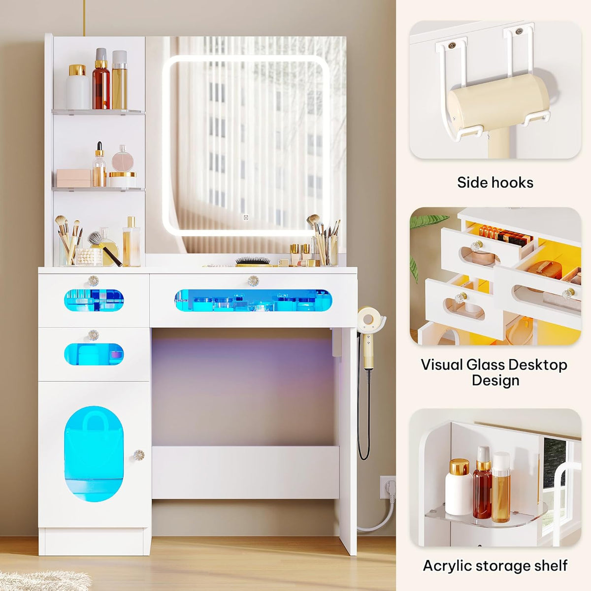 YITAHOME Coiffeuse avec Miroir à LED, 3 tiroirs, 2 étagères, luminosité réglable avec 3 Niveaux d'éclairage, Blanche