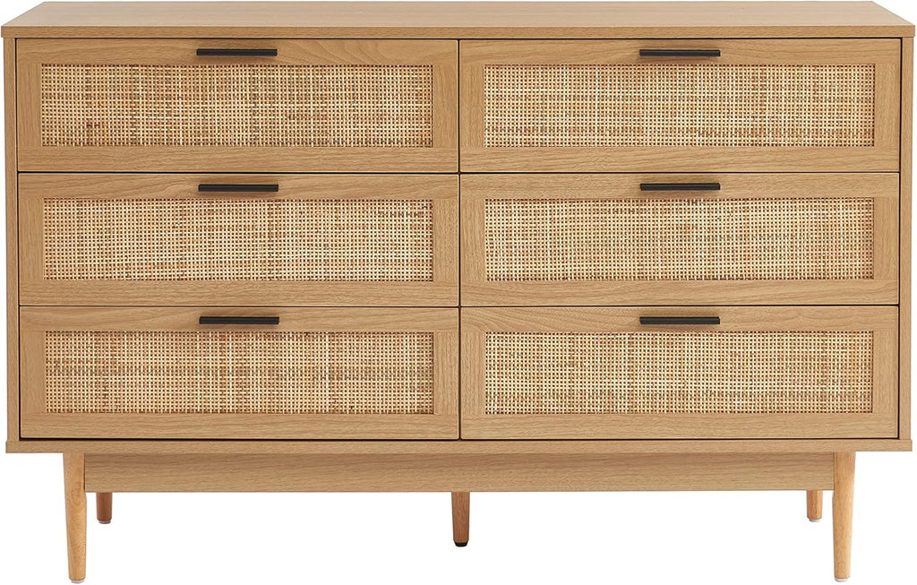 BAÏTA Commode Amana Effet chêne et cannage en rotin 6 tiroirs