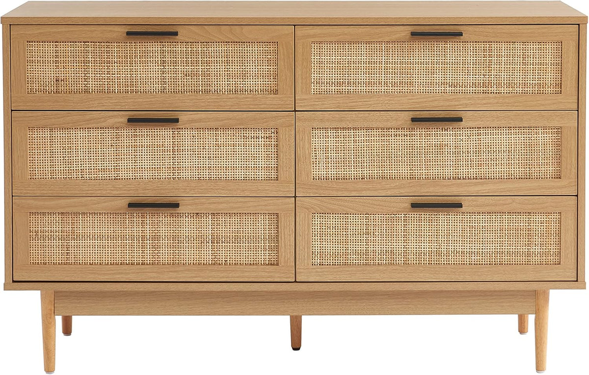 BAÏTA Commode Amana Effet chêne et cannage en rotin 6 tiroirs