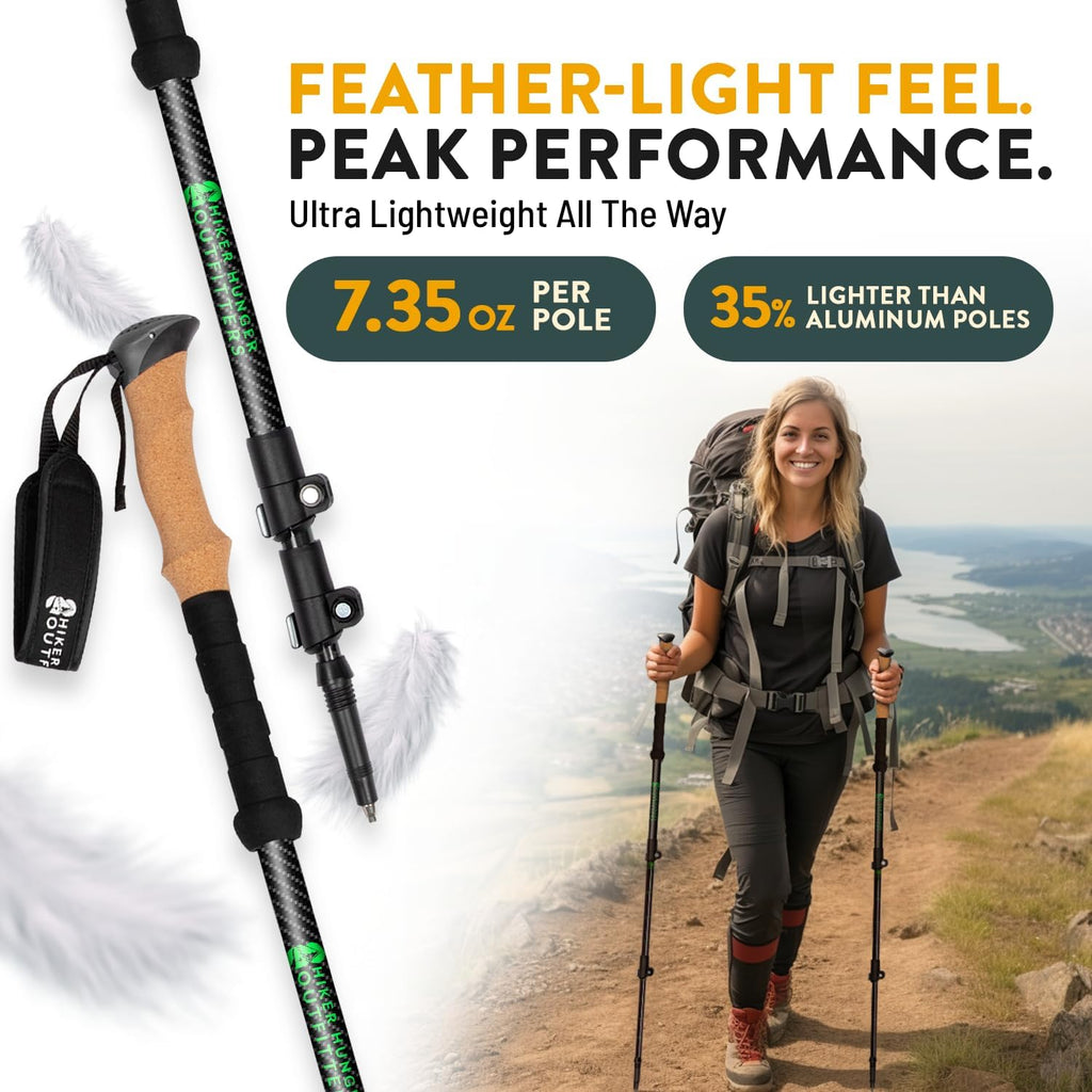 Pôles de Trekking 100% Fibre de Carbone de la Marque USA – Poles de randonnée Ultra Solides, légers, Pliables avec poignées en liège ou Mousse EVA et Fermetures à Rabat réglables Rapides