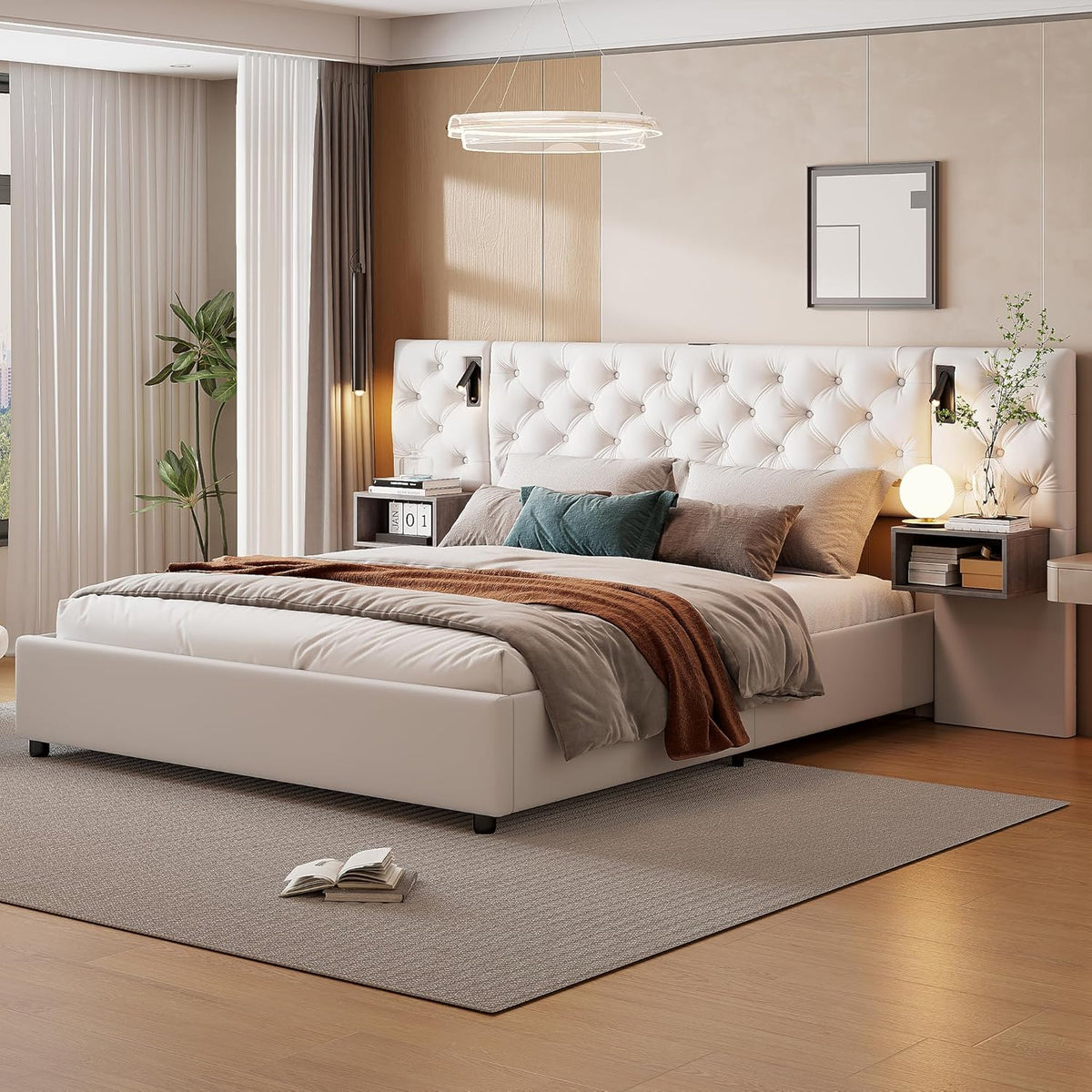 Julyue Lit double avec tables de chevet, 160 x 200 cm, rembourré, lampe de lecture et USB, hydraulique, rangement, cadre en bois, blanc