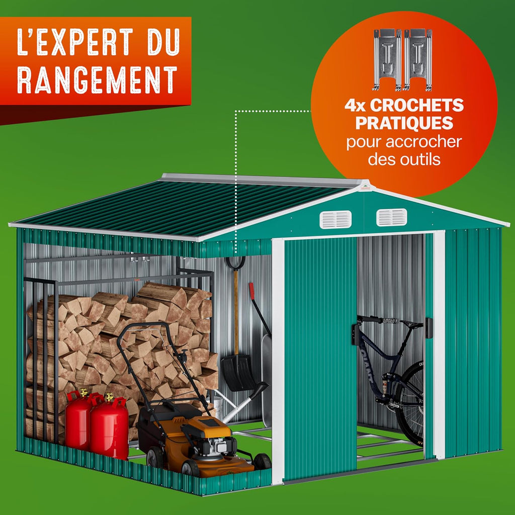 GARDEBRUK Abri de Jardin métal XXL 5m² Fondation 260x205x180cm Porte coulissante Vert cabane de Jardin cabanon Rangement Outils 9m³