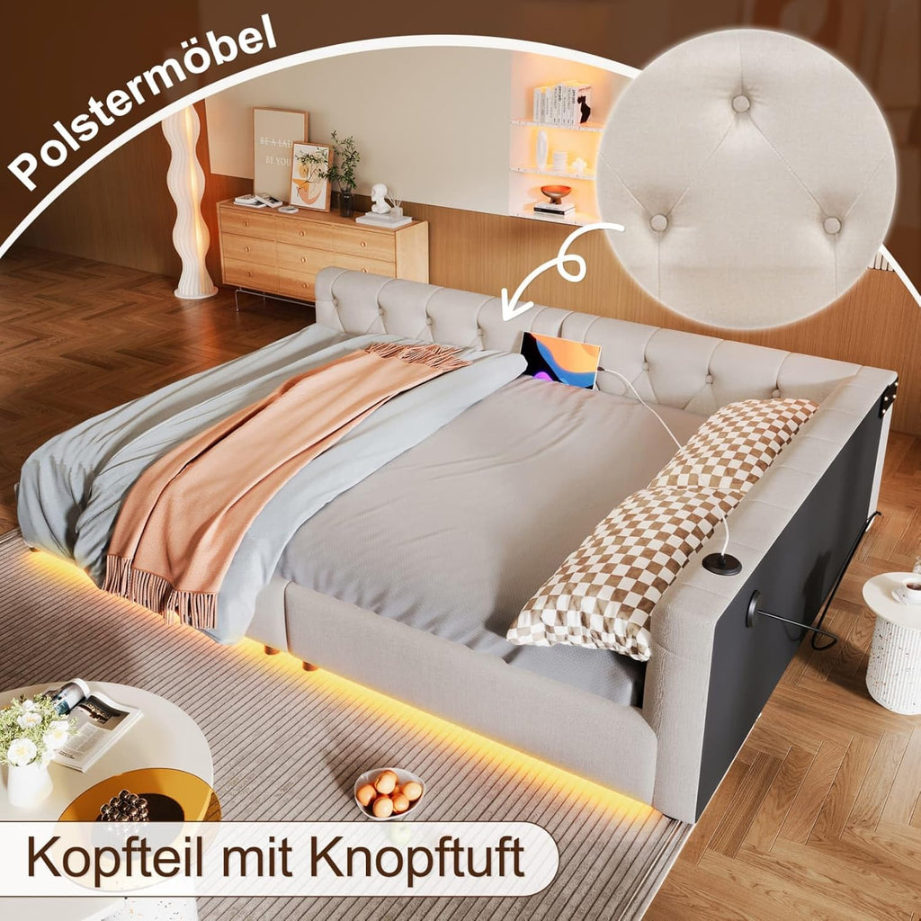EURHCIO Canapé Lit 2 Places 140x200,Cadre de Lit Double avec Éclairage LED Réglable,Port USB-C,Sommier à Lattes Solide,pour Adultes Adolescents,Lin Beige, 140x200