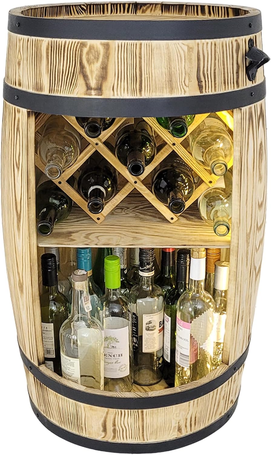 weeco Tonneau en Bois Multifonctionnel avec Éclairage LED – Bar à Vin et Casier à Bouteilles – Meuble Rustique pour Rangement de Verres et Alcools 80x50cm