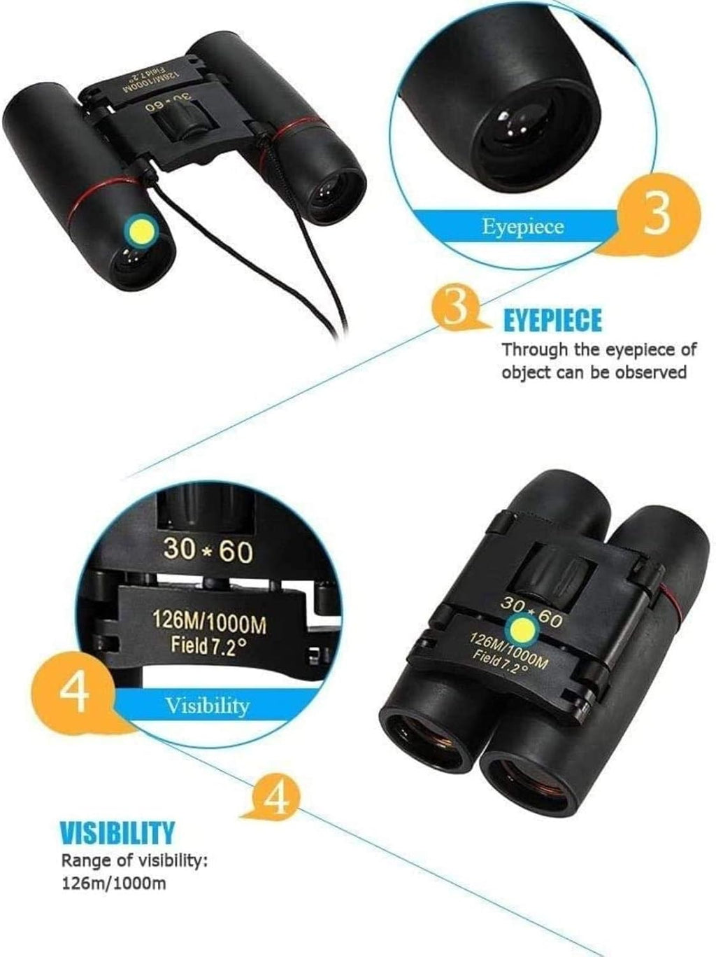 Télescope Jumelles Haute Puissance 30x60 Jour et Nuit Camping Voyage Vision Longue-Vue 126m / 1000m Jumelles Pliantes Optiques Télescope intérieur/extérieur