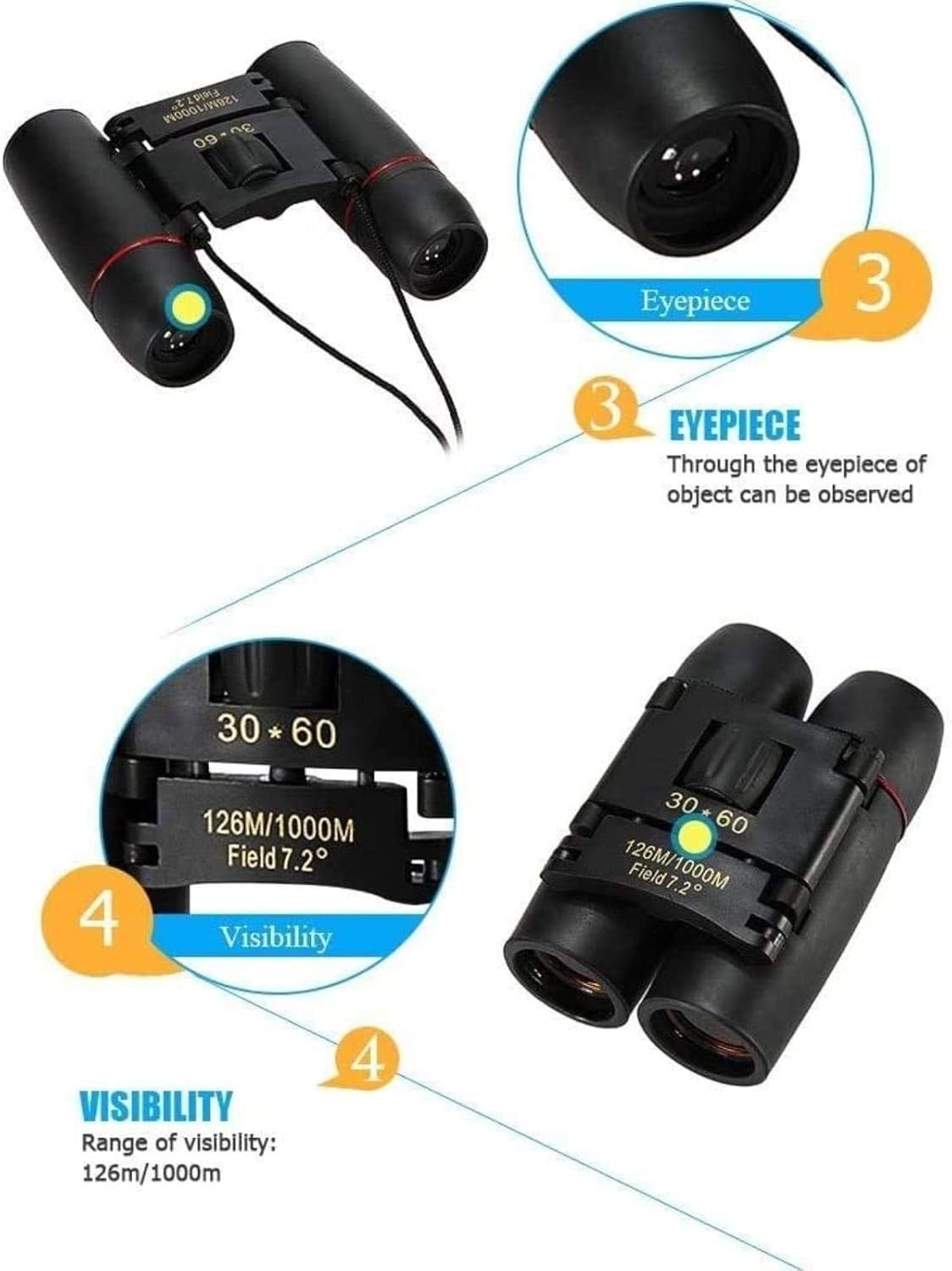 Télescope Jumelles Haute Puissance 30x60 Jour et Nuit Camping Voyage Vision Longue-Vue 126m / 1000m Jumelles Pliantes Optiques Télescope intérieur/extérieur