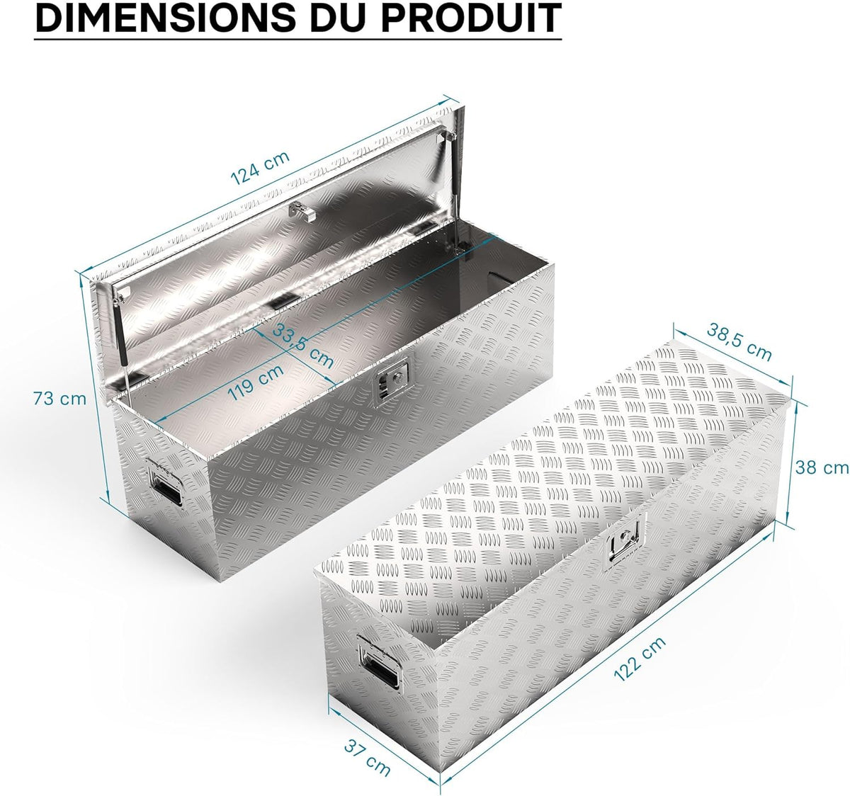 Wiltec Caisse à outils en aluminium – 124 x 37 x 38 cm – 170 litres – Boîte à outils alu ondulé – Vérins à gaz, poignées – Transport Rangement
