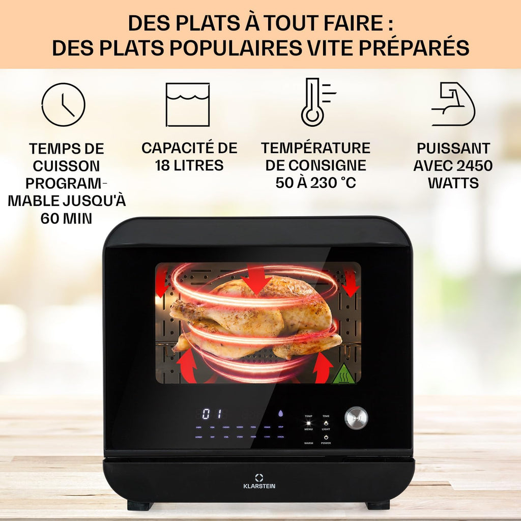 Klarstein Friteuse Sans Huile avec Fonction Maintien au Chaud, Friteuse Air Chaud Air Fryer XL 2450W, Mini Friteuse Electrique Sans Huile, Airfryer 18L à Chauffage Rapide, Minuterie, 10 Programmes