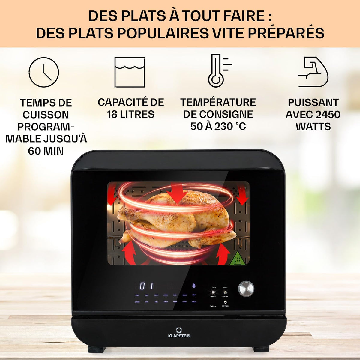 Klarstein Friteuse Sans Huile avec Fonction Maintien au Chaud, Friteuse Air Chaud Air Fryer XL 2450W, Mini Friteuse Electrique Sans Huile, Airfryer 18L à Chauffage Rapide, Minuterie, 10 Programmes