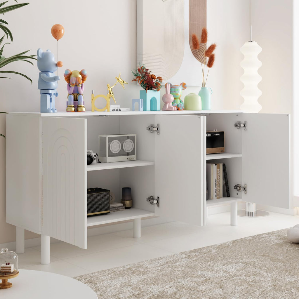 PREMTURE Buffet blanc - Armoire de rangement à 4 portes - Design élégant avec bouton pression - Pieds en bois massif - 160 x 80 x 40 cm