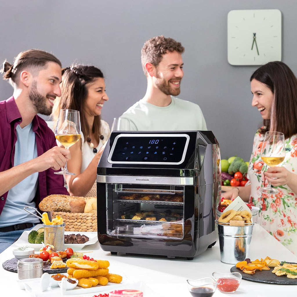 InnovaGoods Air fryer 12L, friteuse sans huile 1800W avec +100 recettes en FR. Friteuse à air avec 8 accessoires, 10 programmes, écran tactile, four à air chaud avec fenêtre et lumière intérieure.