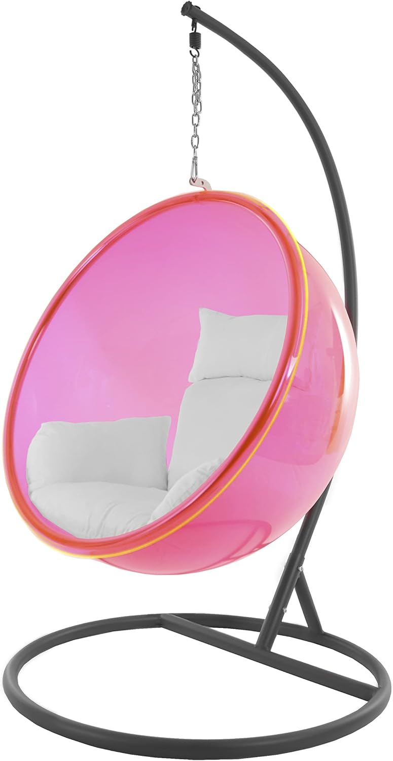 Kideo Ensemble complet : fauteuil suspendu avec structure et coussin, demi-coque, bulle, translucide (structure : gris/panier: rose (magenta), coussin : blanc (1000 neige)