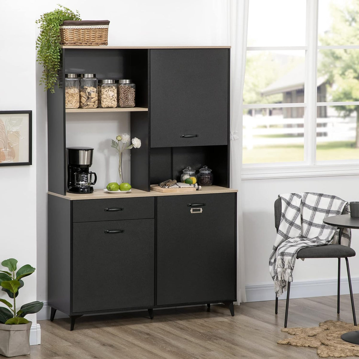 HOMCOM Buffet de Cuisine Armoire de Cuisine Buffet de Salle à Manger 3 niches Ouverts 3 placards avec Porte et 1 tiroir 119 x 41 x 180 cm Noir