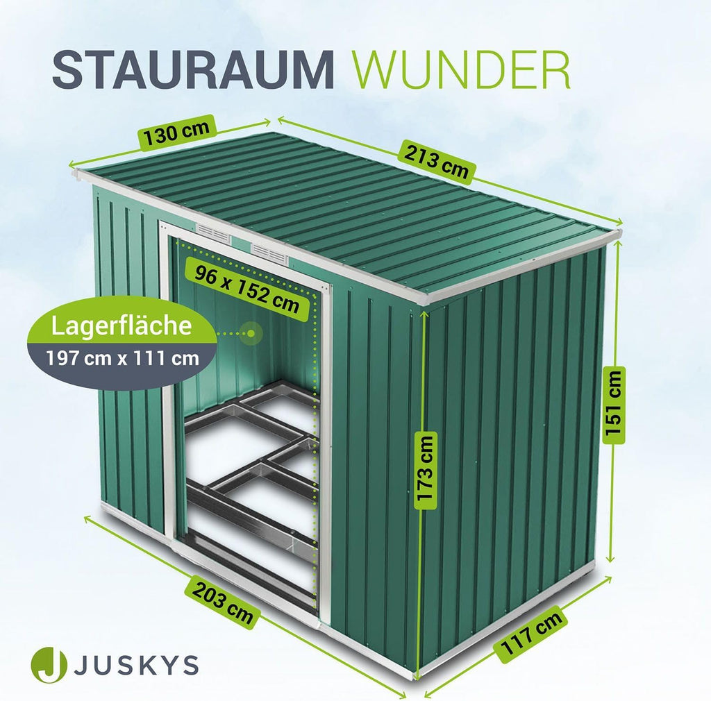 Juskys Abri de Jardin en métal de 4m³ avec Toit en Pente, Porte coulissante et Fondation - 213x130x173cm - Outils de Jardin en Acier (Vert)(M)