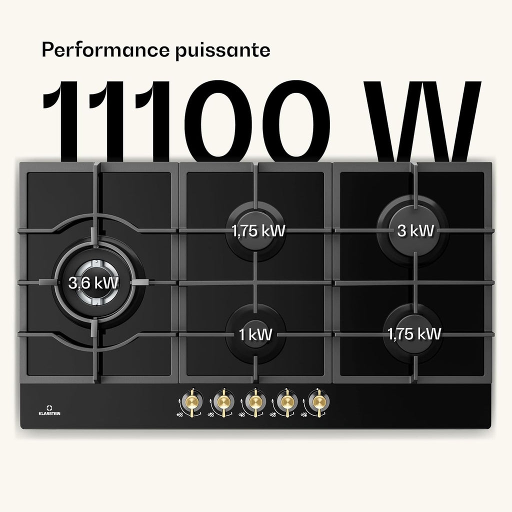 Klarstein Table de Cuisson à Gaz avec 5 Brûleurs – Plaque de Cuisson Encastrable 11100W, Surface en Acier Inoxydable, Compatible GPL