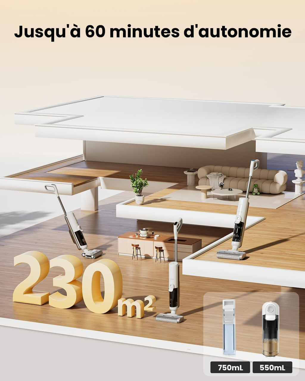 Proscenic F10 Ultra Aspirateur Laveur sans Fil, Nettoyeur de Sol, 60 Mins Aspirateur Balai sans Fil Humide et Sec, Léger Aspirateur Eau et Poussière,1.3L,Autonettoyant,Nettoyage dans Les Angles,Bords