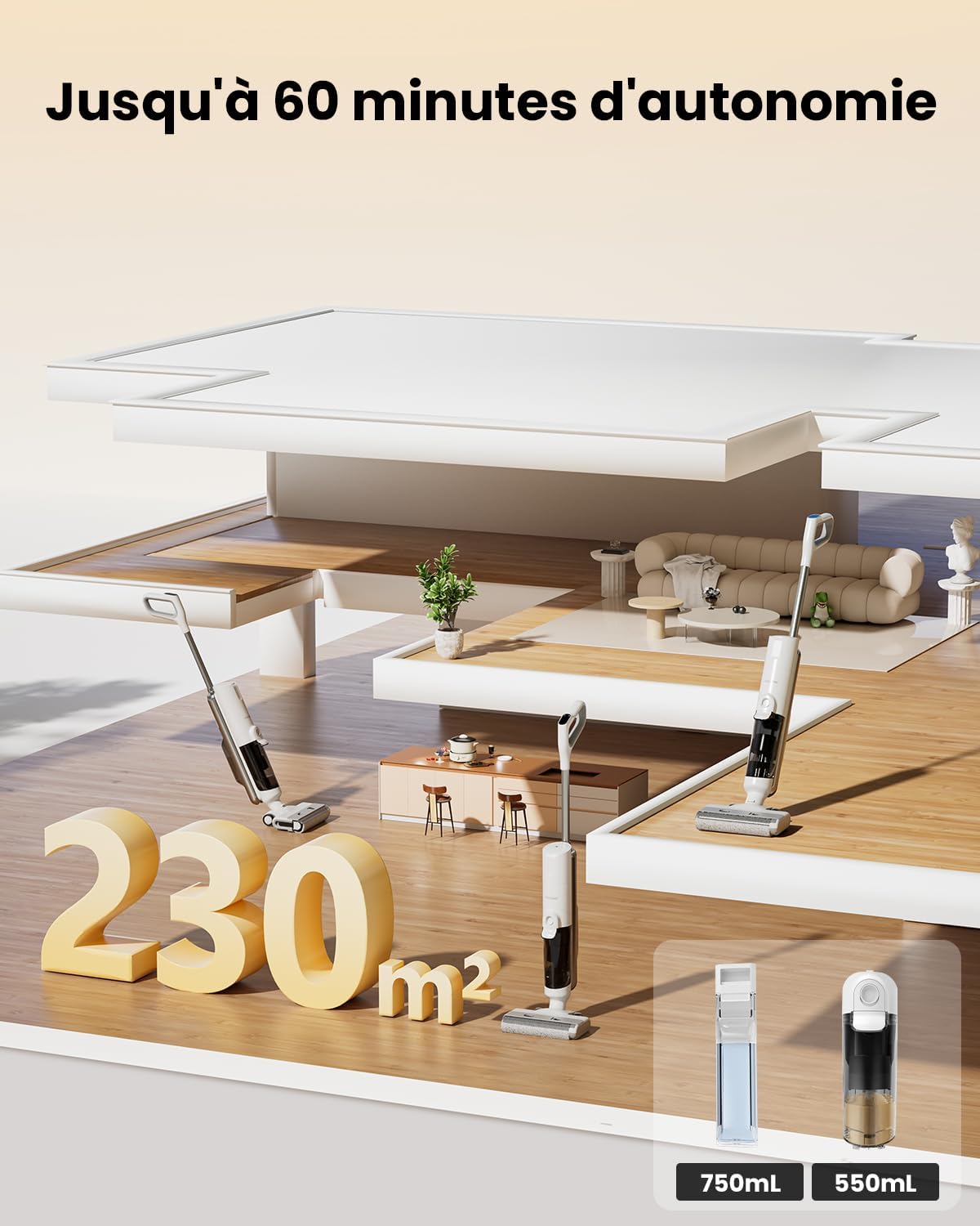 Proscenic F10 Ultra Aspirateur Laveur sans Fil, Nettoyeur de Sol, 60 Mins Aspirateur Balai sans Fil Humide et Sec, Léger Aspirateur Eau et Poussière,1.3L,Autonettoyant,Nettoyage dans Les Angles,Bords