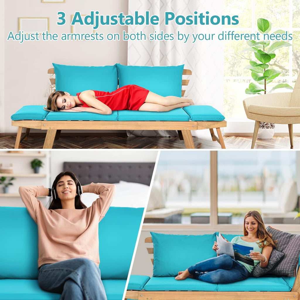 GIANTEX Daybed Canapé-lit pliable pour extérieur 2 personnes avec coussins et oreillers, cadre en bois pour porche avant et patio arrière Bleu turquoise